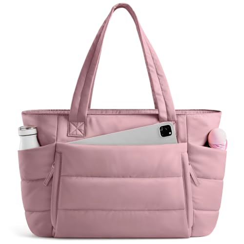 Uselike Tote Bag for Women with Zipper, Quilted Puffer Tote Bag with Compartments, Lightweight Puffy Work Bags for Women - color: Mauve Pink