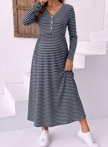 BLENCOT Maternity Dress V Neck Long Sleeve Striped Button Down Maxi Dresses - color: Navy Blue, size: Medium