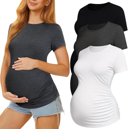 3 Pack Womens Maternity Shirts, Crew Neck Maternity Top Short Sleeve - color: Black/White/Dark Grey, size: Small