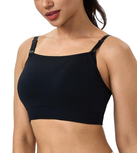 Suekaphin Square Neck Nursing Bra for Pregnancy Women Maternity Pull-On Breastfeeding Bra Fixed Cups - color: Black/Beige/Pink, size: Large