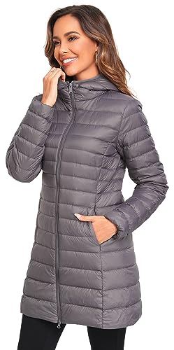 Obosoyo Women's Winter Packable Down Jacket Plus Size Ultralight Long Down Outerwear Puffer Jacket Hooded Coat - color: Darkgrey, size: X-Large