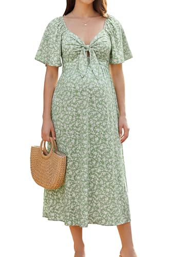 OUGES Women's V Neck Maternity Dress Baby Shower Midi Dresses with Pockets - color: Green Floral, size: Small