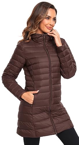 Obosoyo Women's Winter Packable Down Jacket Plus Size Ultralight Long Down Outerwear Puffer Jacket Hooded Coat - color: Coffee, size: X-Large