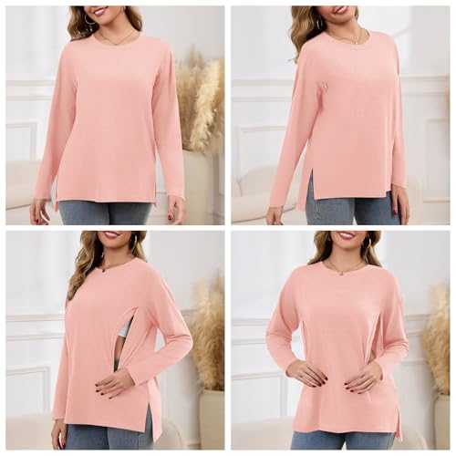 Women's Nursing Shirts Long Sleeve with Hidden Zipper Oversized Breastfeeding Tops Side Split Maternity Blouse - color: Dusty Pink, size: Medium