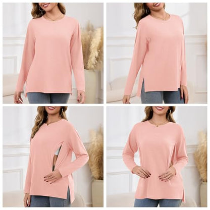 Women's Nursing Shirts Long Sleeve with Hidden Zipper Oversized Breastfeeding Tops Side Split Maternity Blouse - color: Dusty Pink, size: Medium