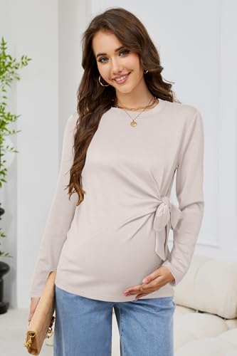 OUGES Women's Bow Tie Waist Maternity Shirts Long Sleeve Pregnancy Tops Crew Neck Fall Winter Elegant Business Blouse - color: Oat Grey, size: Small