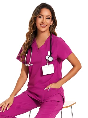 Scrubs Tops for Woman - Soft Stretch, V-Neck Tops - color: Azalea Pink, size: Medium