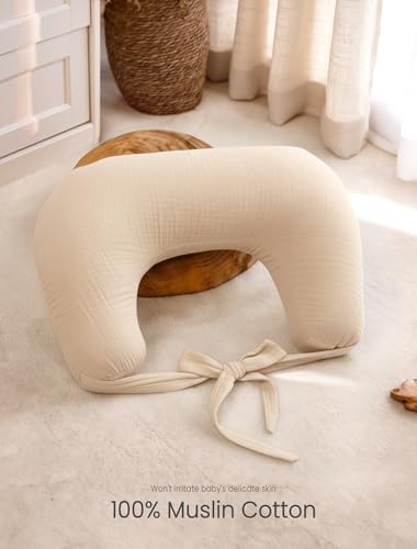 lulumoon Muslin Nursing Pillow Covers: with Strap for Snug Fit & No Sliding - color: Cream & Olive