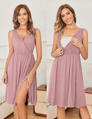 Ekouaer Maternity Nursing Gown and Robe Set Labor Delivery Nightgowns - color: Mauve, size: Medium