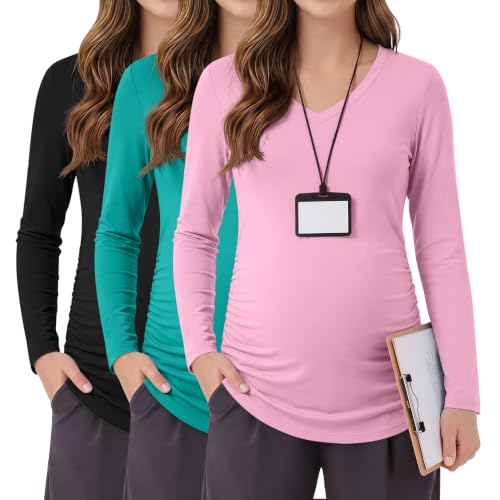 3 Pack Women Maternity Shirts Scrub Tops Side Ruched - color: Black, Lake Green, Light Pink, size: Medium