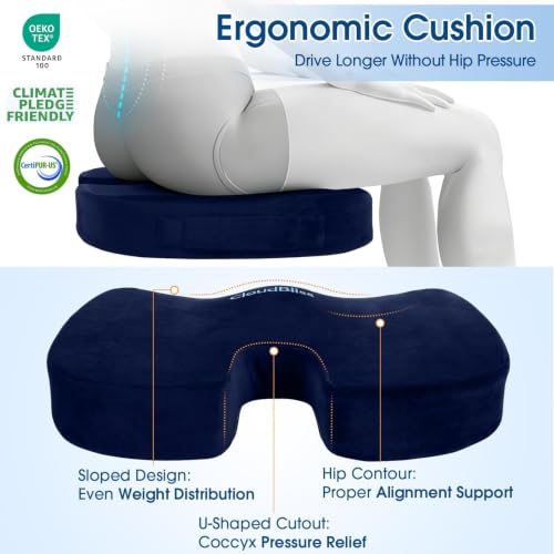 CloudBliss Ergonomic Seat Cushion & Lumbar Support Pillow Set, Blue, XL - color: Blue, size: X-Large