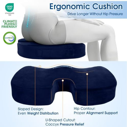 CloudBliss Ergonomic Seat Cushion & Lumbar Support Pillow Set, Blue, XL - color: Blue, size: X-Large