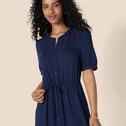 Amazon Essentials Women's Relaxed Fit Half-Sleeve Breathable Button Front Drawstring Waist Midi A-Line Dress with Pockets - color: Navy, size: Large