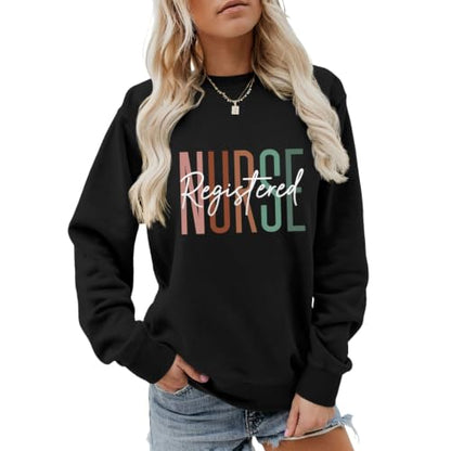 Registered Nurse Sweatshirt Women RN Nurse Life Crewneck Pullover - color: Black, size: X-Large
