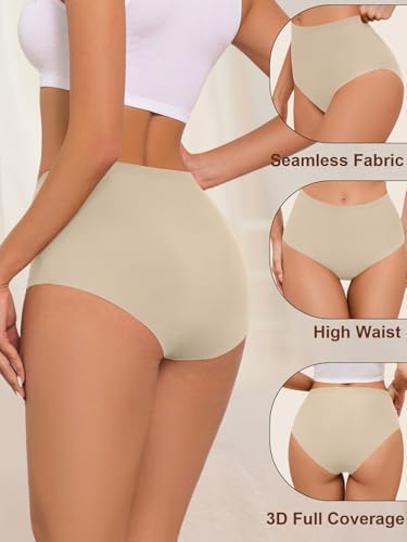 AIVEITE Seamless High Waisted Panties No Show Brief Underwear Women 6 Pack - color: Beige, size: Small