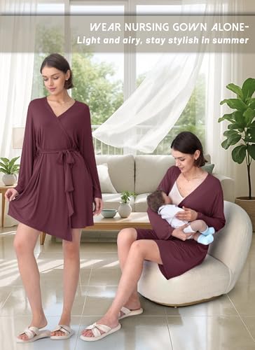 Rnxrbb 3 PCS Nursing Pajamas Robe Set Maternity Postpartum Pjs for Hospital - color: Deep Purple, size: Small
