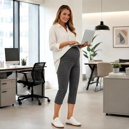 Maternity Capri Pants, Over The Belly Pregnancy Pants with Pocket - color: Dusty Gray, size: Medium