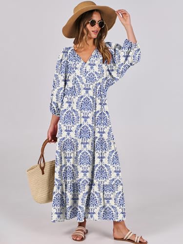 ANRABESS Womens Boho Floral 3/4 Puff Sleeve Maxi Dress - color: Blue Khaki, size: Small
