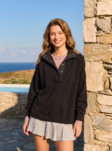 BLENCOT Women Mock Neck Sweatshirt Oversized Long Sleeve Henley Shirts - color: Black, size: Medium