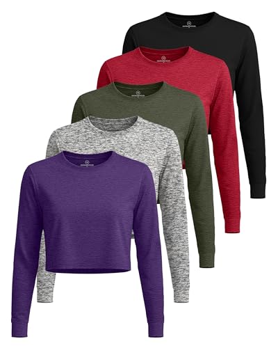 5 Pack Women's Dry Fit Long Sleeve Crop Tops Workout Athletic Crew Neck Tee - color: Set 1, size: XX-Large