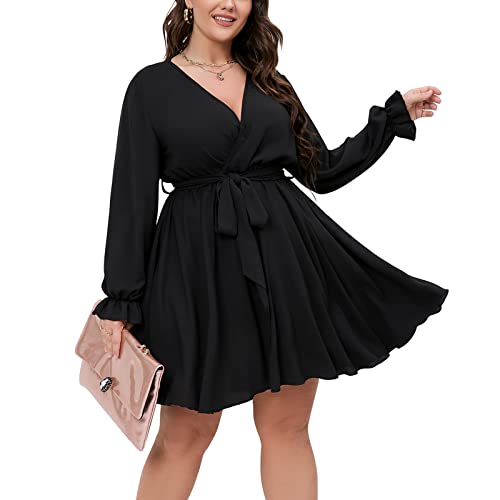 SCOMCHIC Women's Plus Size Long Sleeve Wrap V Neck A Line Mini Dress - color: Black, size: 3X-Large Plus
