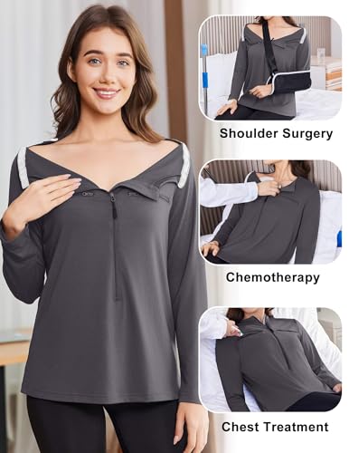 Deyeek Women's Long Sleeve Chemo Shirts Port Access Chemotherapy Apparel - color: Dark Grey, size: XX-Large
