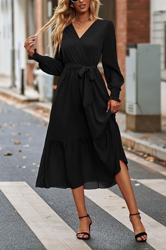 PRETTYGARDEN Womens Long Sleeve Boho Maxi Fall Floral Wedding Guest Dresses - color: Solid Black, size: XX-Large