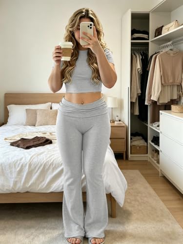 COPYLEAF Two Piece Lounge Sets for Women Fold Over Leggings Y2k Outfits - color: Light Grey, size: Medium