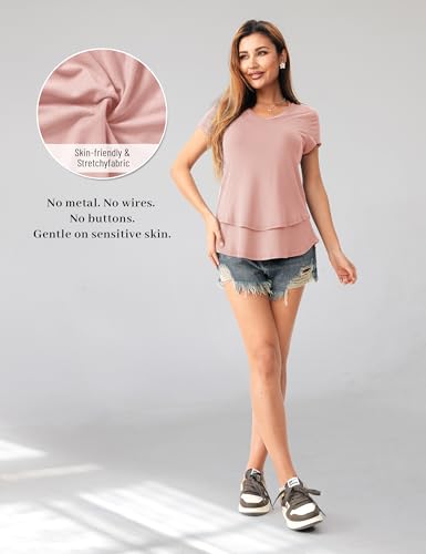 SUNNYBUY 3 Pack Maternity Nursing Tops for Postpartum Breastfeeding Shirts - color: Peach Pink+camel+deep Navy, size: X-Large