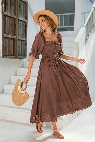 R.Vivimos Women Summer Cotton A Line Flowy Long Dresses - color: Brown#2, size: Medium