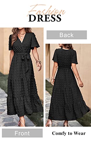 MASCOMODA Womens Summer Swiss Dot Maxi Dresses Wrap Boho Floral Long Dress - color: Black, size: Large