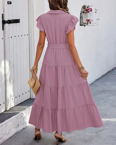 dowerme Women Ruffle Sleeve Button Belted Boho Maxi Dress - color: Light Purple, size: Small