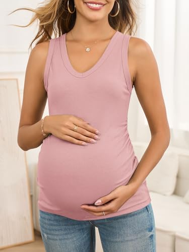 FMEYOA Maternity Tank Tops V Neck Ribbed Knit Sleeveless Maternity Shirts - color: Light Pink, size: Small
