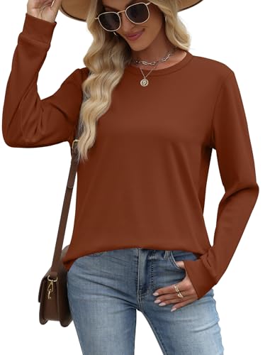 WIHOLL Sweatshirt for Women Crewneck Long Sleeve Shirts Curved Hem Lightweight Sweaters Fall Clothes 2025 - color: Caramel, size: Medium