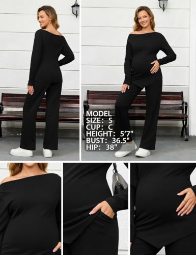 Bhome Maternity Sets 2 Piece Outfits Casual Pregnancy Loungewear - color: Black, size: Medium