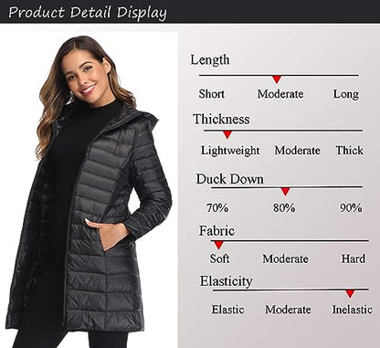 Obosoyo Women's Winter Packable Down Jacket Plus Size Ultralight Long Down Outerwear Puffer Jacket Hooded Coat - color: Black, size: Large