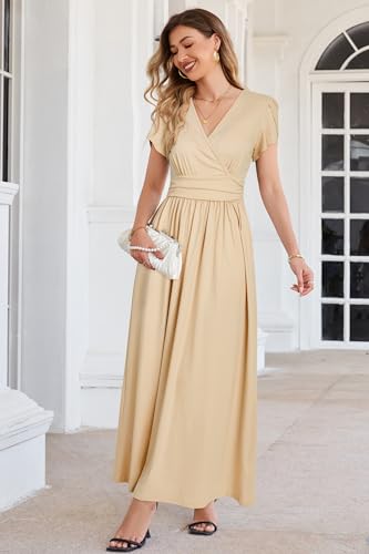OUGES Women's Wrap V Neck Summer Maternity Photoshoot Dress with Pockets - color: Beige, size: Small