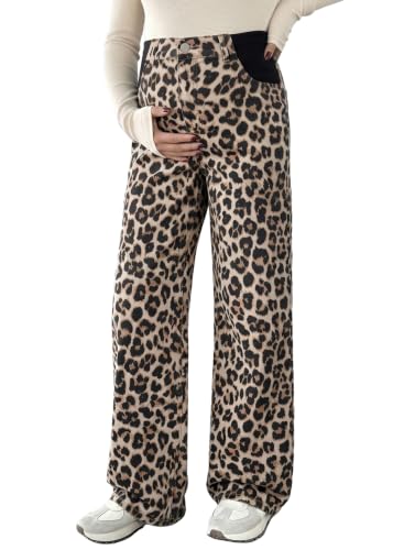 BLENCOT Women's Maternity Jeans Fashion Printed Pregnancy Denim Pants - color: Khaki, size: Small