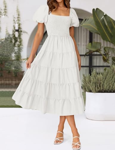 ZESICA Women Summer Puff Sleeve Boho Wedding Guest Midi Dress - color: White, size: X-Large