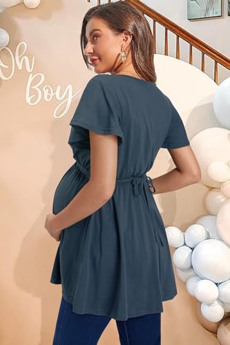 OUGES Women's Wrap Tie Back Short Sleeve Summer Maternity Nursing Tops 2026 - color: Haze Blue, size: Large