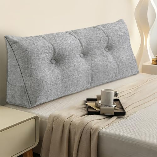 Headboard Pillow Twin, Triangle Wedge Pillow for Bed, Reading & Sitting Support, Backrest Cushion with Removable Cover, Comfortable Daybed Pillow for Bedroom, Dorm, or Sofa – Light Gray Linen Fabric - color: Light Gray