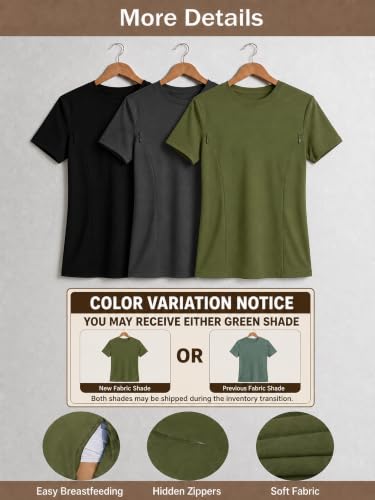 Ecavus 3 Pack Nursing Shirts for Breastfeeding, Hidden Zippers Nursing Tops - color: Black/Charcoal/Heather Green, size: Medium