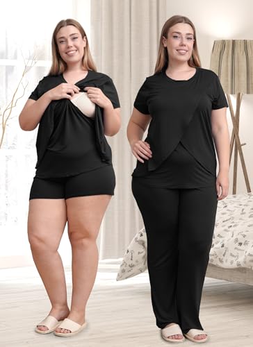 Rnxrbb 3 Piece Postpartum Nursing Pajamas Set Maternity Breastfeeding Pjs - color: Black, size: Medium