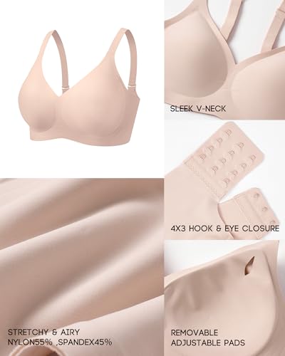 VQJ Women's Wireless Push Up Bra, Jelly Seamless Full Coverage T-Shirt Bra - color: Blush Pink, size: Large