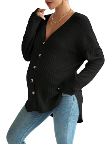 COZYEASE Women's Maternity Button Down Shirt Casual Cardigan Fall Sweaters - color: Dark Black, size: X-Small