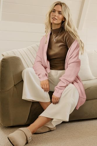 OUGES Women's Wool Blend Chunky Oversized Cardigan Soft Knit Button Down Sweater with Pockets 2026 - color: Grey Pink, size: X-Large