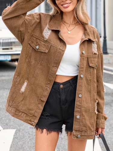 LifeShe Women's oversized Jean Jacket distressed denim Coat with Pockets - color: Khaki, size: Small