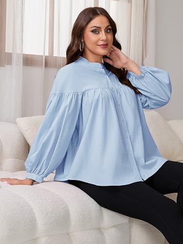 Womens Maternity Button Down Work Shirts Nursing Blouses Business Pleated Lantern Sleeve Pregnancy Office Tops - color: Blue, size: Small