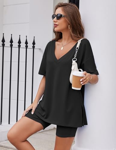 Ekouaer Womens 2 Piece Lounge Set Oversized V Neck Top Biker Short Pajamas - color: Black, size: Small