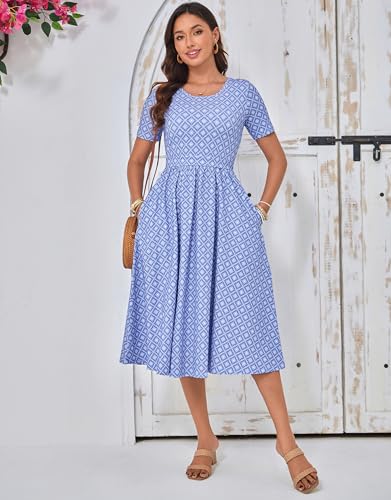 Women's Cotton Nursing Dresses Breastfeeding Midi Breastfeeding Dress with Pockets - color: Blue Tile Bloom, size: 3X